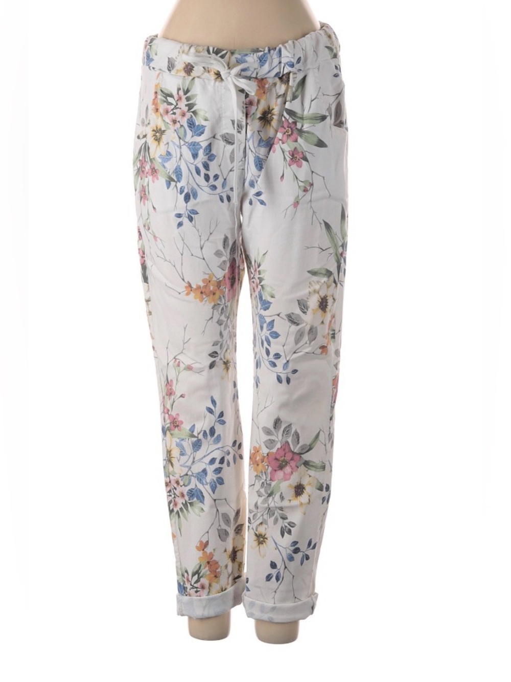 Kaktus Italy Linen Floral Pants Size Medium White Boho Tapered Ankle Pants